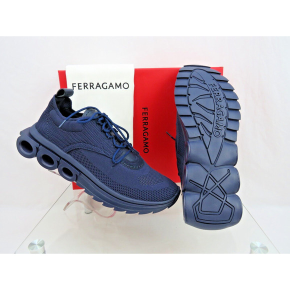 NIB FERRAGAMO DARK BLUE NIMA MESH LEATHER LOGO LOW SNEAKERS US 9.5 42.5 ITALY